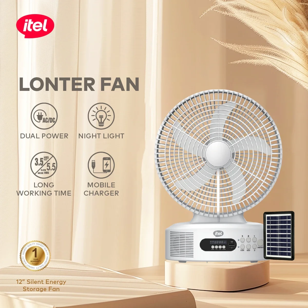 itel 12 Inches AC/DC Solar Rechargeable Music Fan With Panel - Image 3